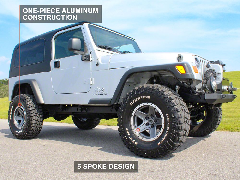 Mammoth Boulder Simulated Beadlock Style Charcoal Wheel; 15x8; -19mm Offset (97-06 Jeep Wrangler TJ)