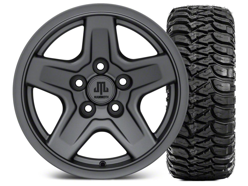 Mammoth Boulder Charcoal 15x8 Wheel and Mickey Thompson Baja MTZ 33X12.50R15 Tire Kit (87-06 Jeep Wrangler YJ & TJ)
