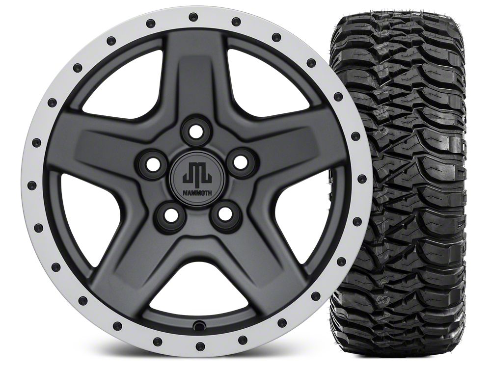 Mammoth Boulder Simulated Beadlock Style Charcoal 15x8 Wheel and Mickey Thompson Baja MTZ 33X12.50R15 Tire Kit (87-06 Jeep Wrangler YJ & TJ)