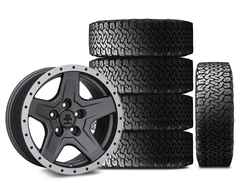 Mammoth Boulder Simulated Beadlock Style Charcoal 16x8 Wheel and BF Goodrich All Terrain TA KO2 305/70R16 Tire Kit (87-06 Jeep Wrangler YJ & TJ)