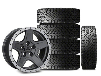 Mammoth Boulder Simulated Beadlock Style Charcoal 16x8 Wheel and BF Goodrich All Terrain TA KO2 305/70R16 Tire Kit (87-06 Jeep Wrangler YJ & TJ)